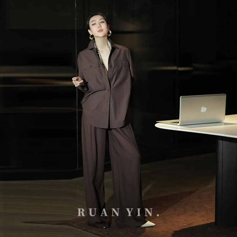 阮音夏季时尚百搭优雅减龄御姐衬衫套装干练慵懒帅气阔腿裤两件套