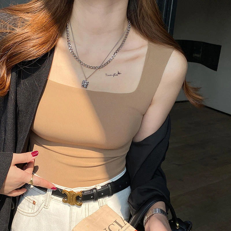 夏季冰丝美背方领螺纹背心女带胸垫轻柔透气清爽外穿无痕吊带背心