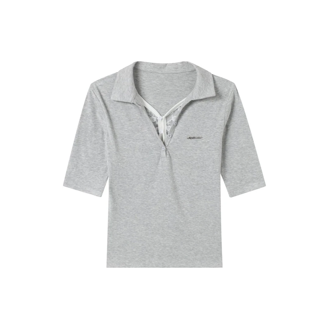 INSstudios国潮牌美式「蕾丝假两件」polo领短袖夏季高智上衣T恤