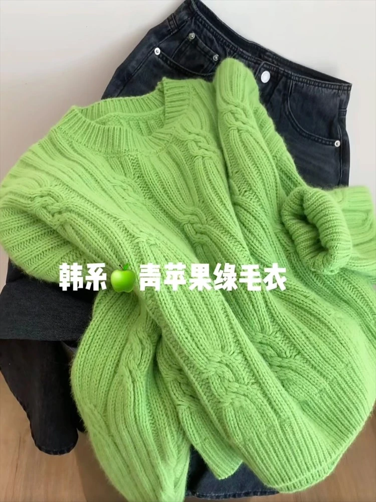 韩系慵懒风绿色麻花长袖针织衫女2025秋冬巨好看显白减龄软糯毛衣