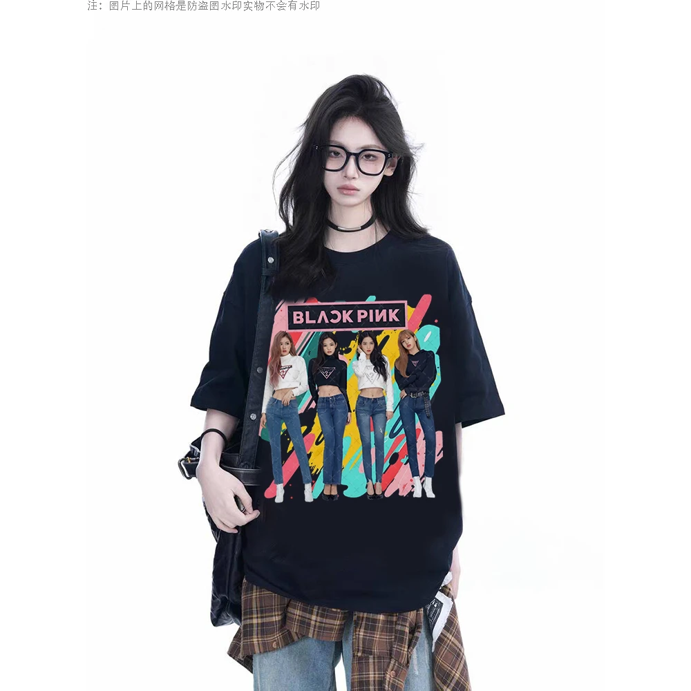 潮流女团blackpink周边印花时尚ins百搭宽松圆领短袖上衣美式复古