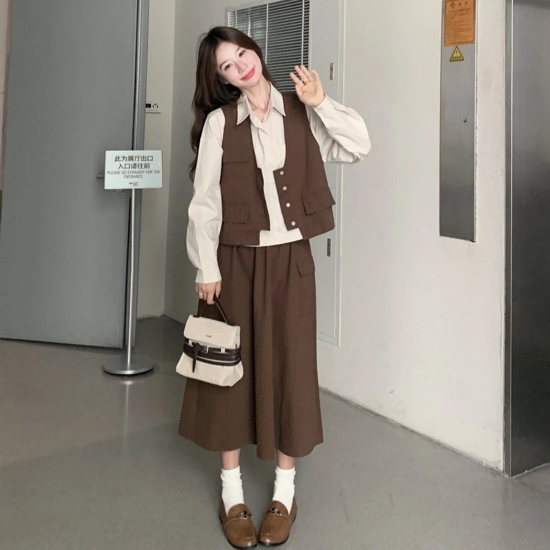 咖色休闲风时尚马甲套装裙女气质2025年新款长袖显瘦半身裙三件套