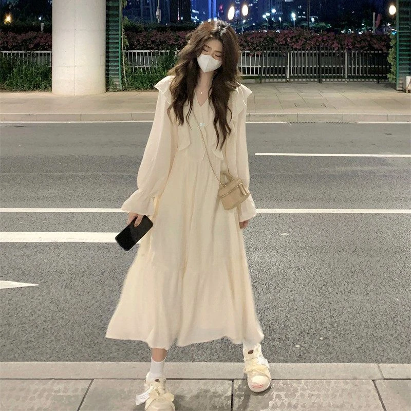 桔梗甜美温柔女女裙显瘦连衣裙收腰宽松裙学生荷叶边仙学院风法