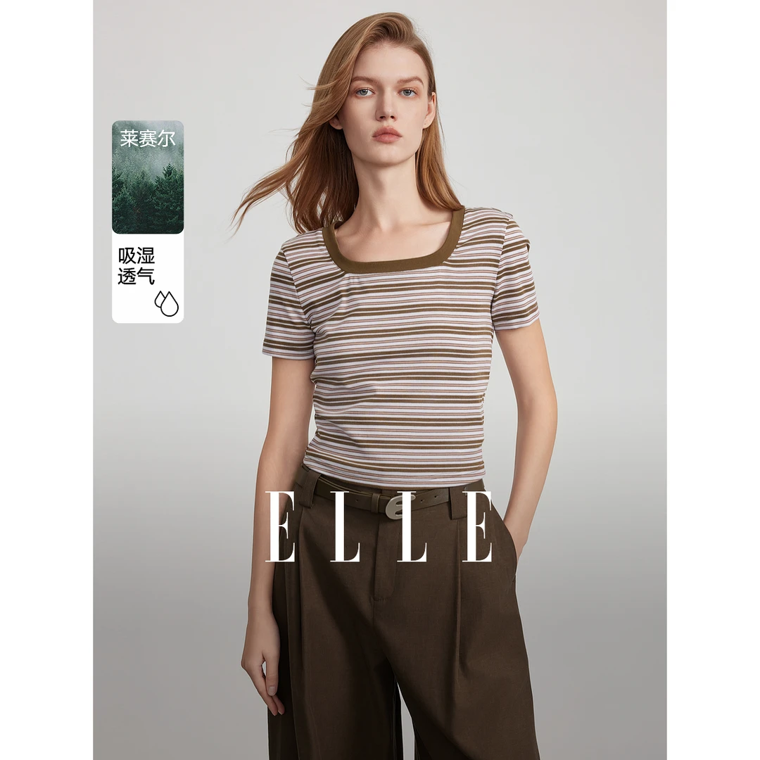 ELLE法式方领条纹短袖女2025夏季新款莱赛尔天丝显瘦ET51638