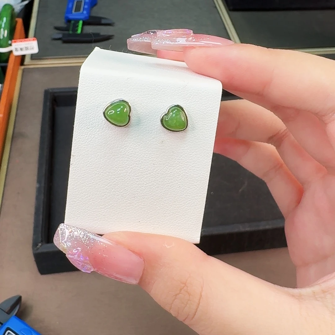 和田玉银S925镶嵌颈饰桃心耳钉卡7