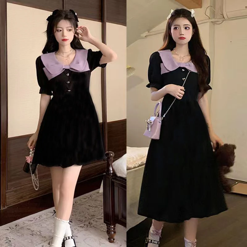 新款微胖女娃娃领连衣裙女夏季法式裙子胖MM收腰显瘦A字裙1293