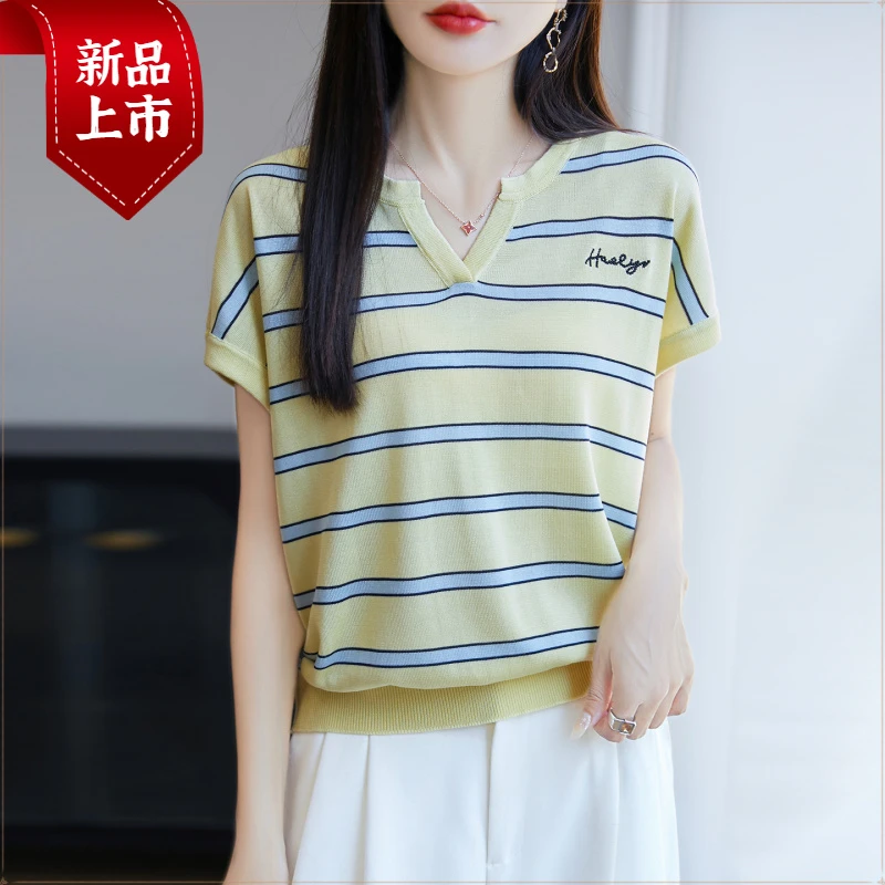 哥弟阿玛施正品莱赛尔夏季新款薄款透气V领条纹针织短袖女显瘦