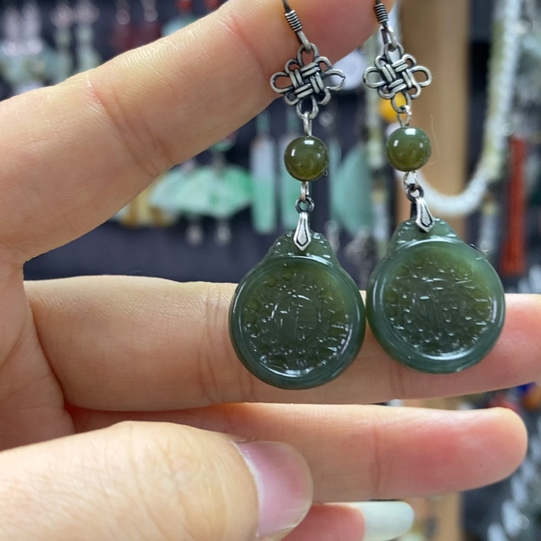 和田玉银S925镶嵌耳饰