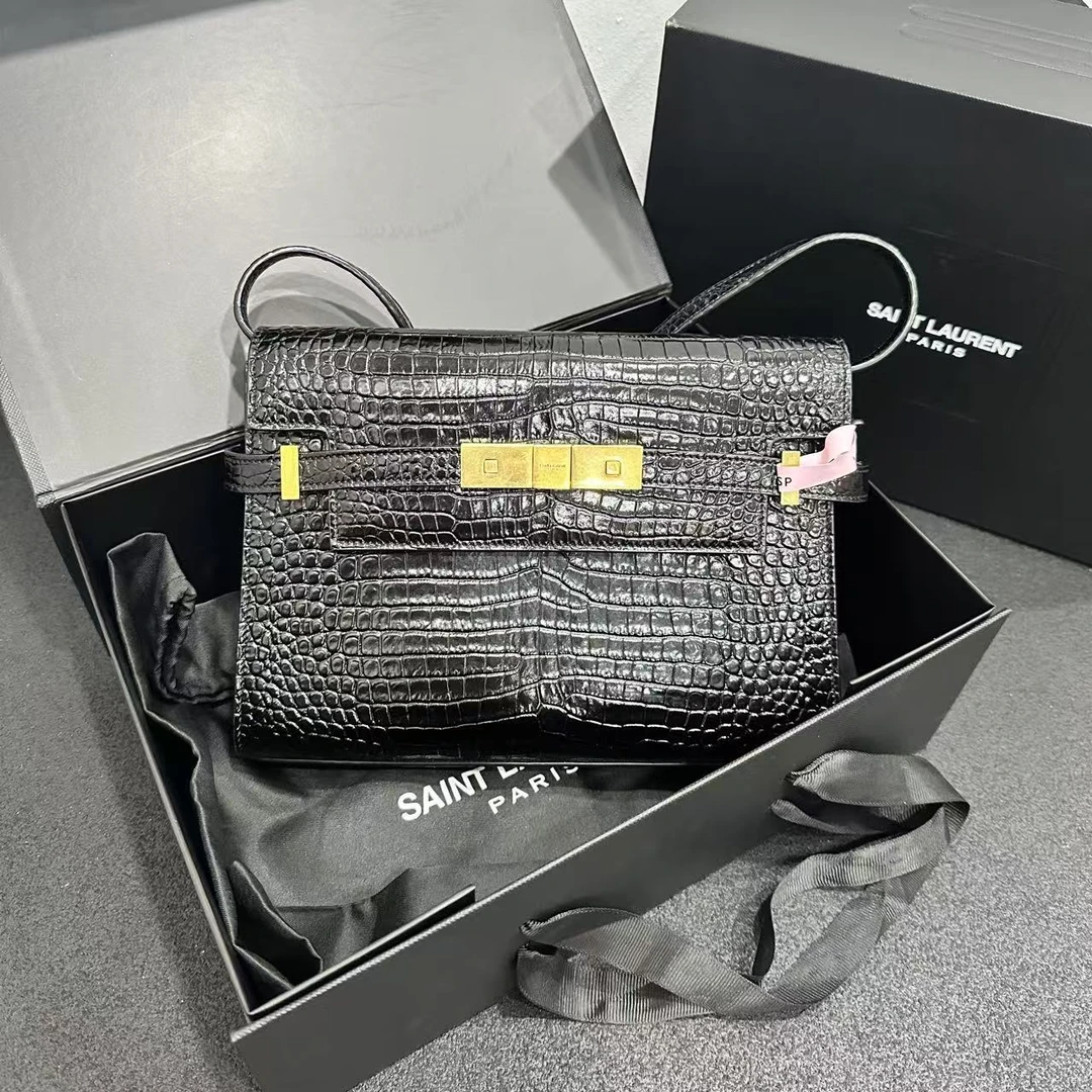 未使用 YSL/圣罗兰 壹所奢品 YSL 曼哈顿 鳄压纹 小号 黑金