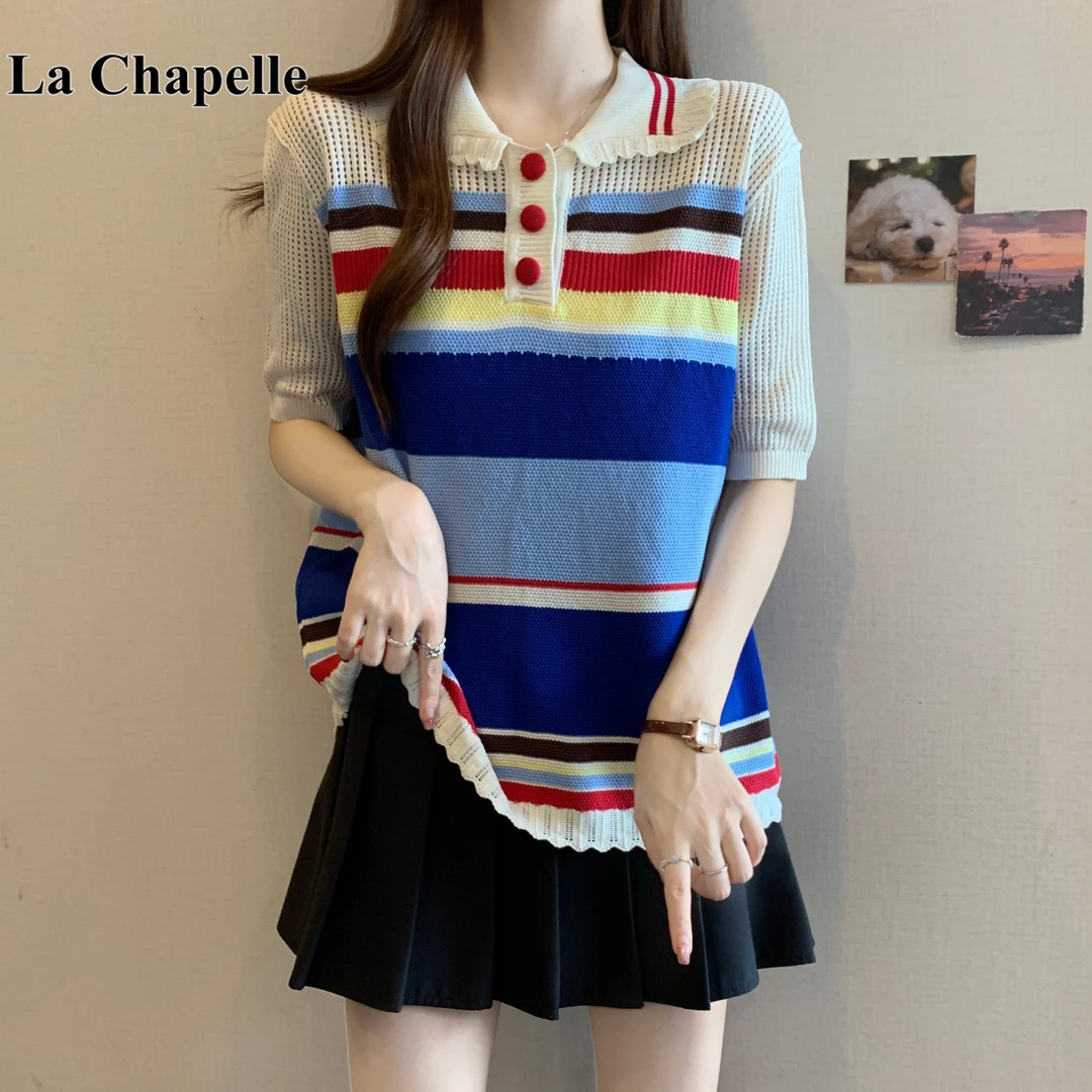 拉夏贝尔彩色条纹针织短袖女夏季2025新款镂空设计感翻领polo小衫