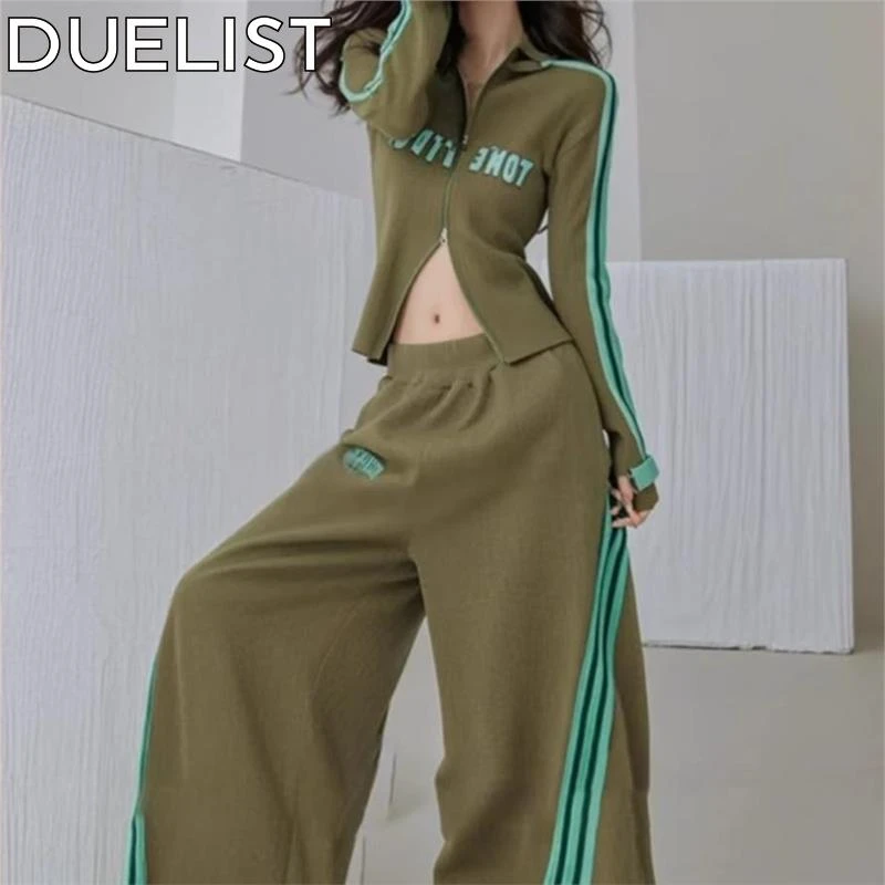 DUELIST春季新款套装休闲运动风绿色条纹上衣阔腿裤两件套女百搭