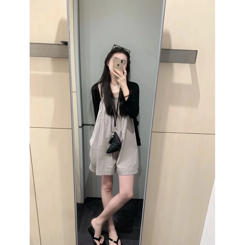 时尚套装薄款防晒开衫外套女夏季宽松休闲背带短裤两件套