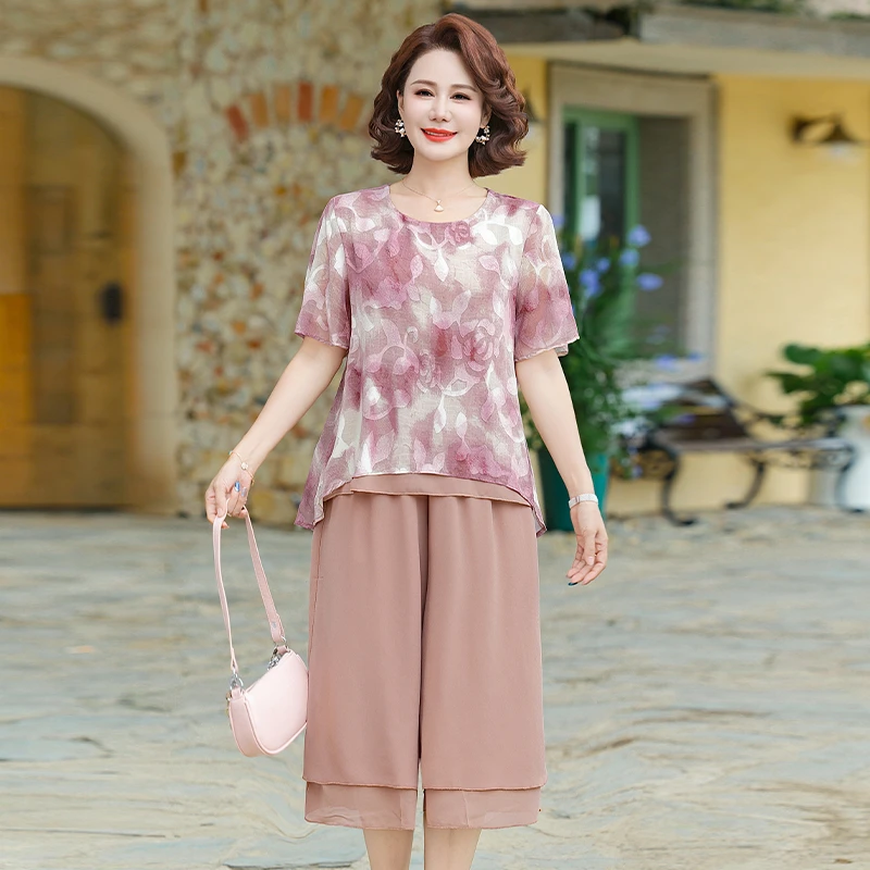 雪纺套装夏季透气宽松妈妈装洋气薄款短袖圆领小衫+八分阔腿裤子