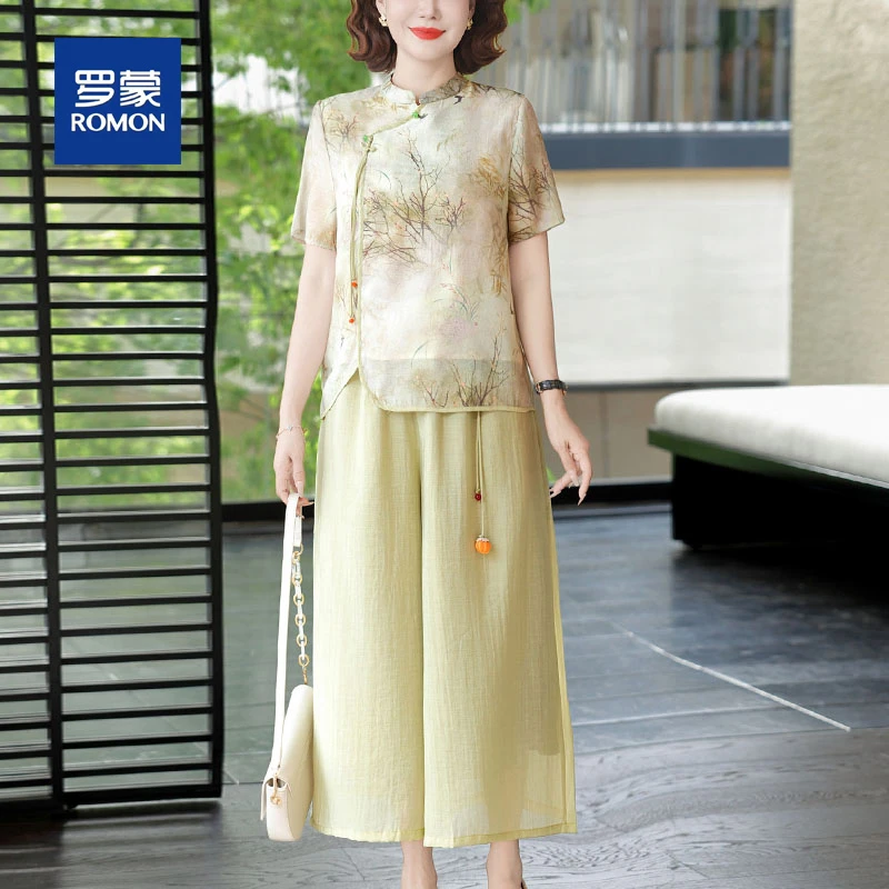 罗蒙新中式妈妈夏装套装2025新款中老年女装短袖雪纺衫民族风上衣