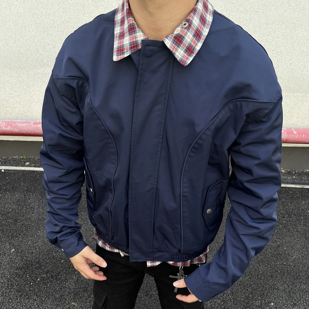 黑男 美式复古格子拼接假两件夹克男女潮牌宽松休闲百搭短款外套