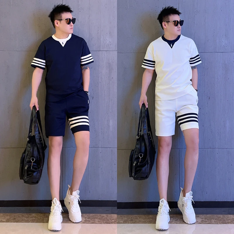 夏季潮牌经典条纹拼接套装男时尚宽松帅气百搭短袖短裤运动两件套