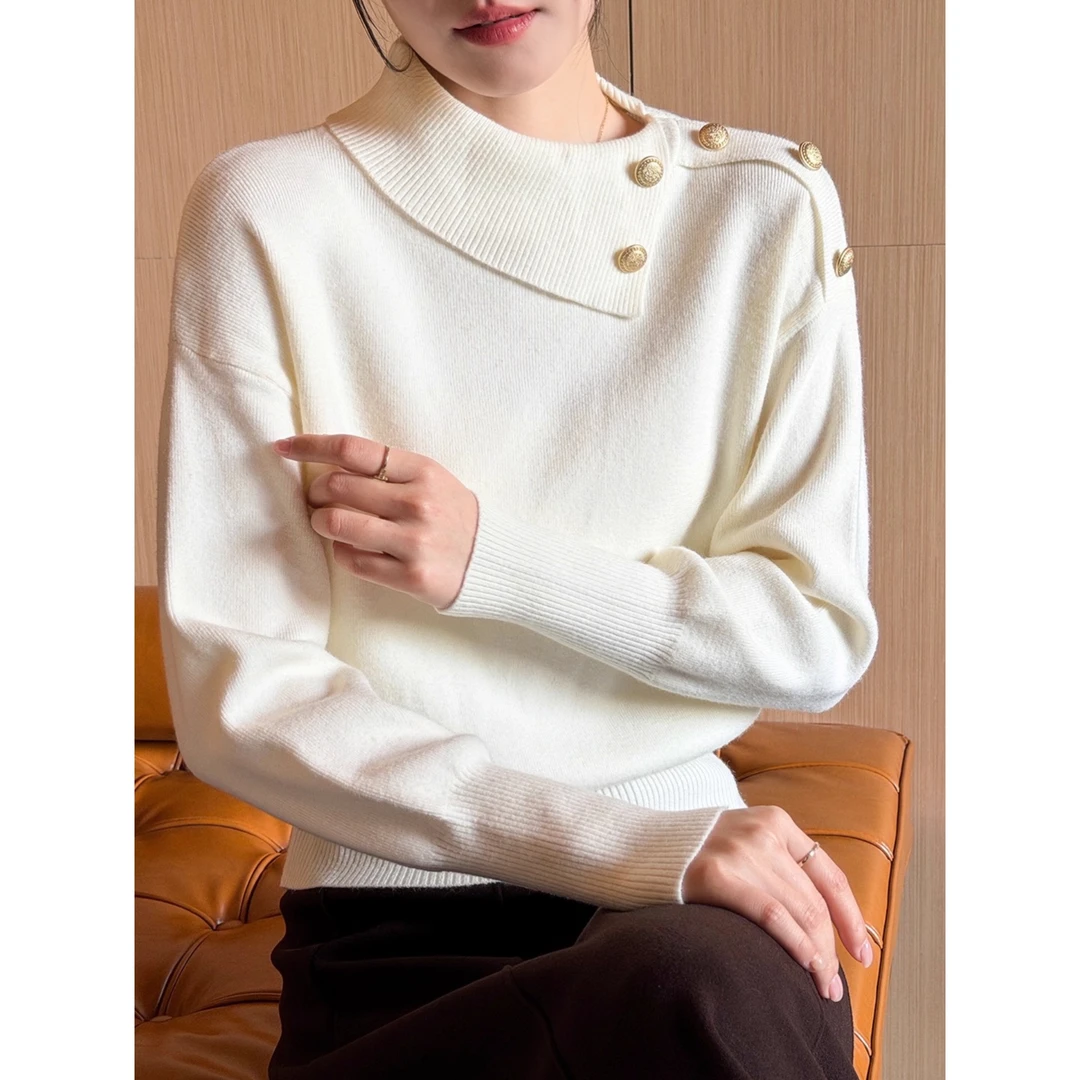 不规则翻领白色毛衣女款2025新款冬季长袖针织内搭打底衫上衣外穿