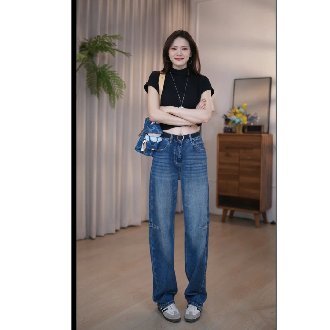 小弯刀2025秋季牛仔阔腿裤女高腰垂感显瘦宽松百搭
