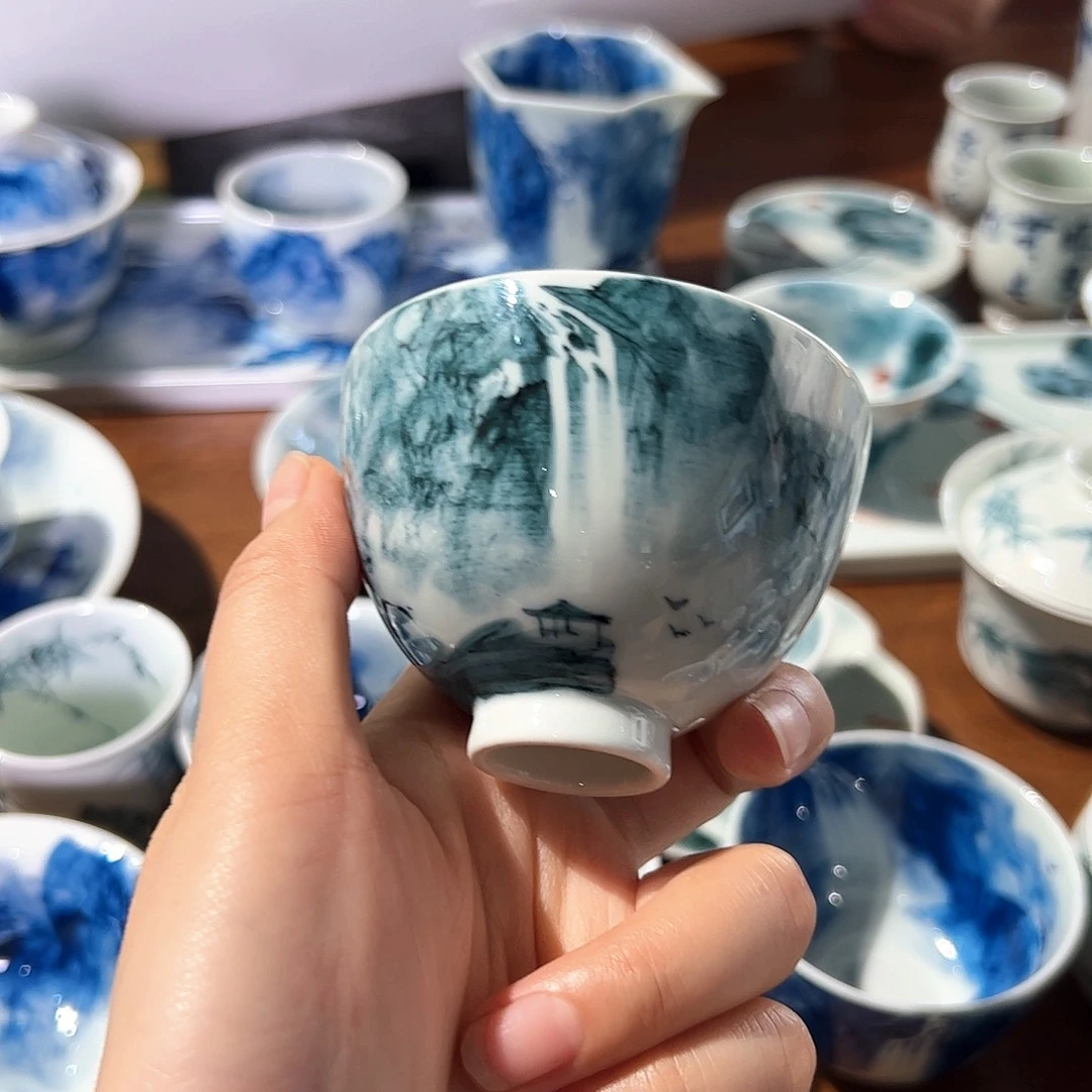 栖***桐青花手绘山水主人杯