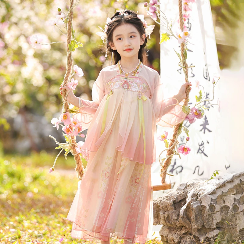 断码处理汉服女童春季新款中国风刺绣超仙古装改良襦裙公主连衣裙