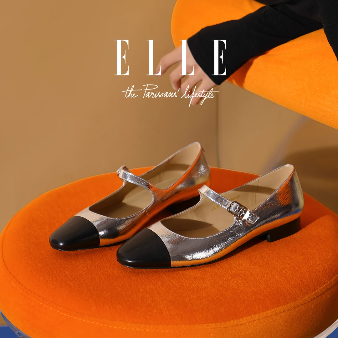 ELLE超软羊皮不累脚单鞋女2025新款高级感平底鞋小香风玛丽珍女鞋