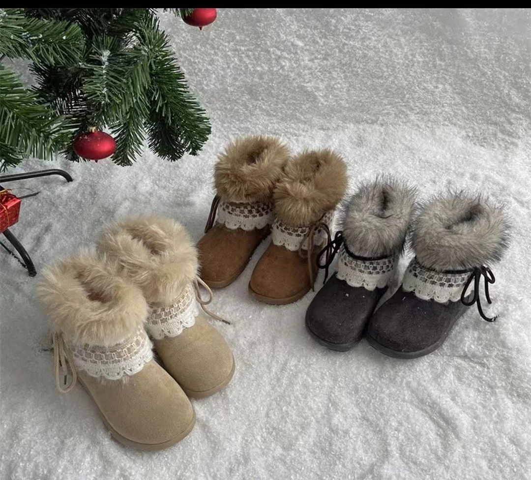 防滑毛毛雪地靴系带厚底短靴女2025新款冬季靴子加绒保暖棉鞋