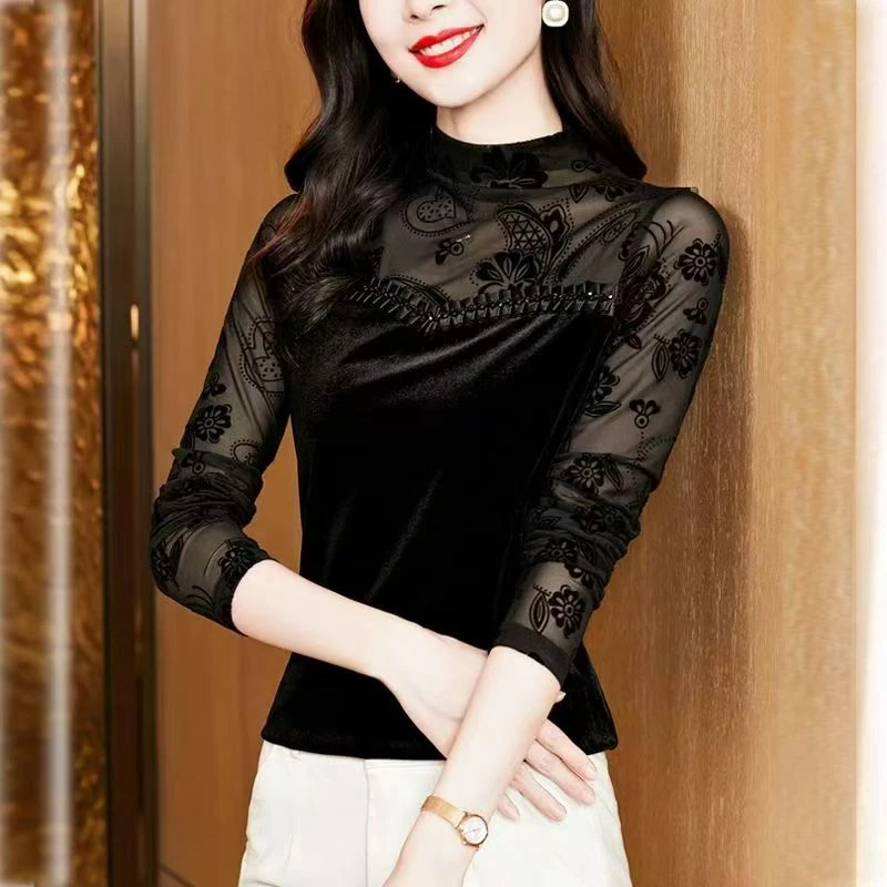 2025秋季半高领网纱钉珠时尚拼接丝绒百搭打底衫女长袖新款T恤