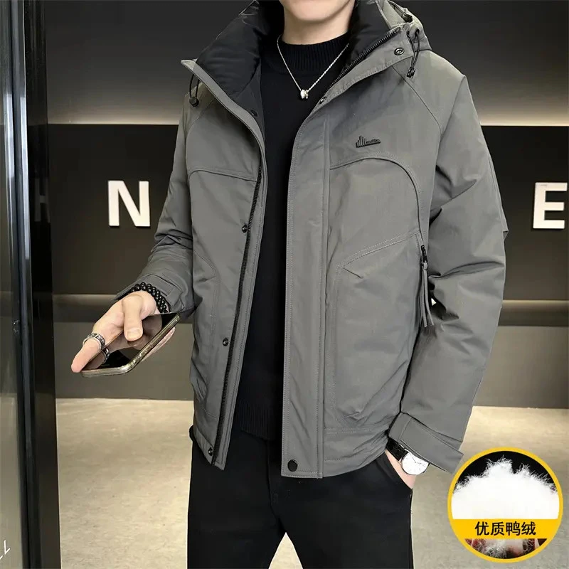 男士冬季新款工装连帽帅气鸭绒保暖夹克羽绒服外套