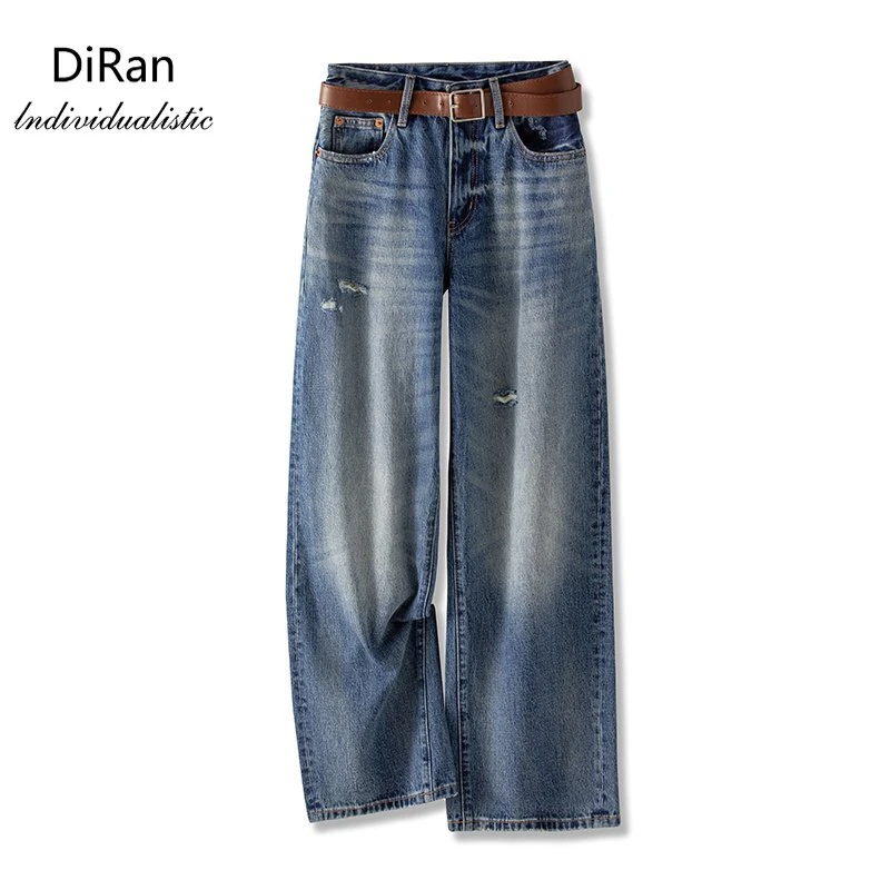 Diran-秋冬新款中高腰宽松丹宁无弹潮流时尚微破洞牛仔裤-6958