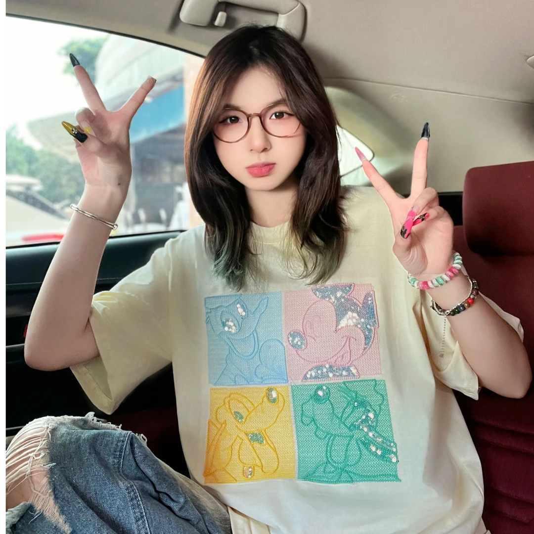 设计感短袖上衣女小个子夏季2025年新款卡通刺绣亮片休闲正肩t恤