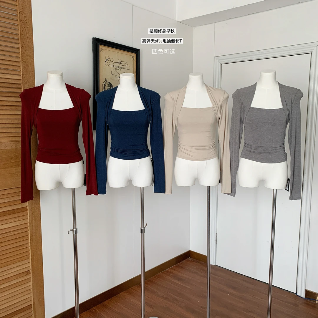 早秋新款纯欲风掐腰修身百搭t高弹天丝羊毛抽皱设计感长袖T恤上衣