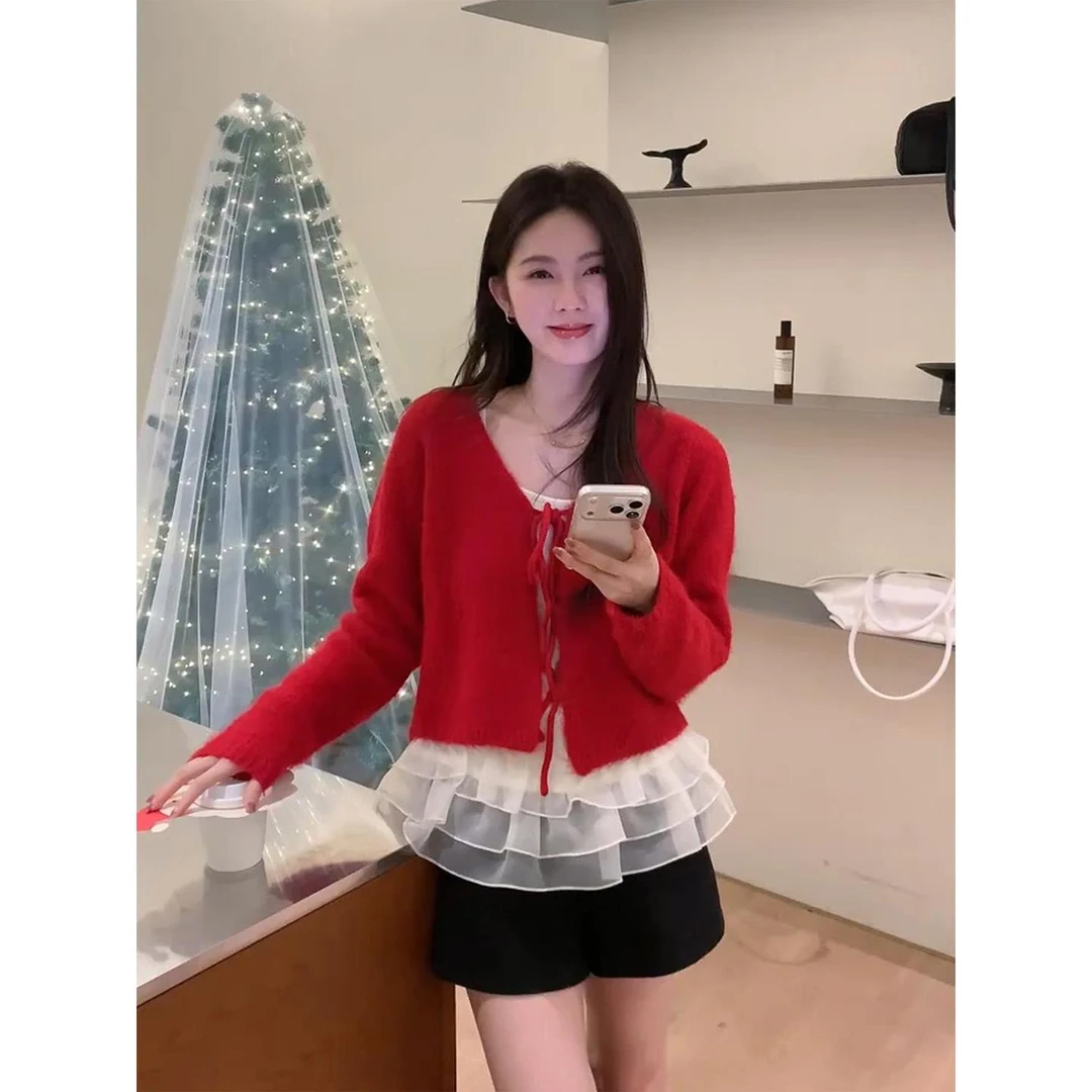 韩系chic红色系带长袖短款针织开衫女秋冬荷叶边拼接吊带背心上衣