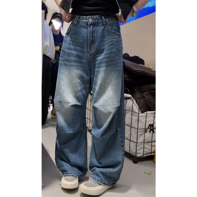 艾塔莉设计感磨破牛仔裤女夏季新款胖mm美式直筒裤宽松遮肉阔腿裤