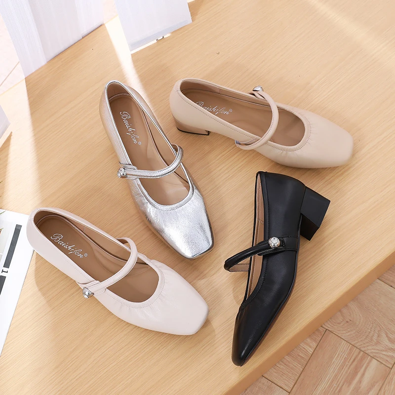 羊皮软底鞋时尚方头真皮单鞋女久站不累春季玛丽珍鞋大码粗跟女鞋