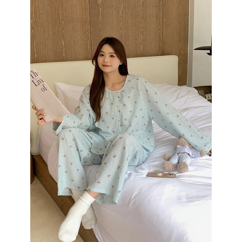 【ALINDM年终大清仓】泡泡纱小熊睡衣可爱200斤纯棉长袖家居服女