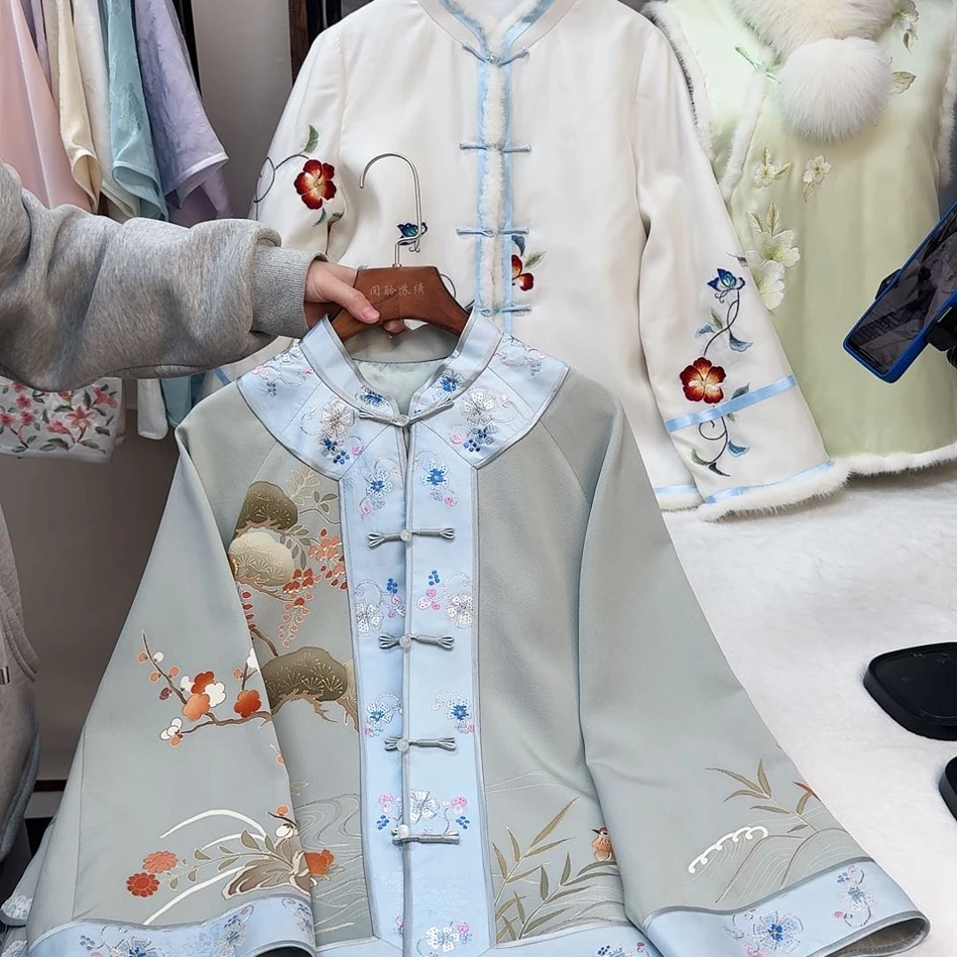 刺绣真丝绿色正绢立领