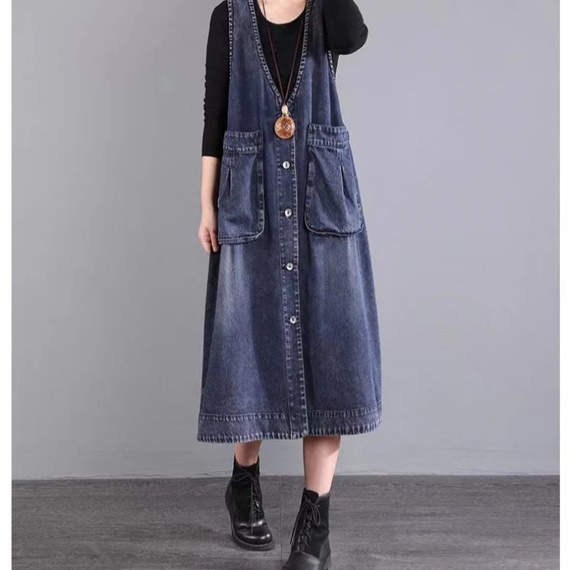 大码牛仔马甲连衣裙中长款2025春装韩版潮流时尚