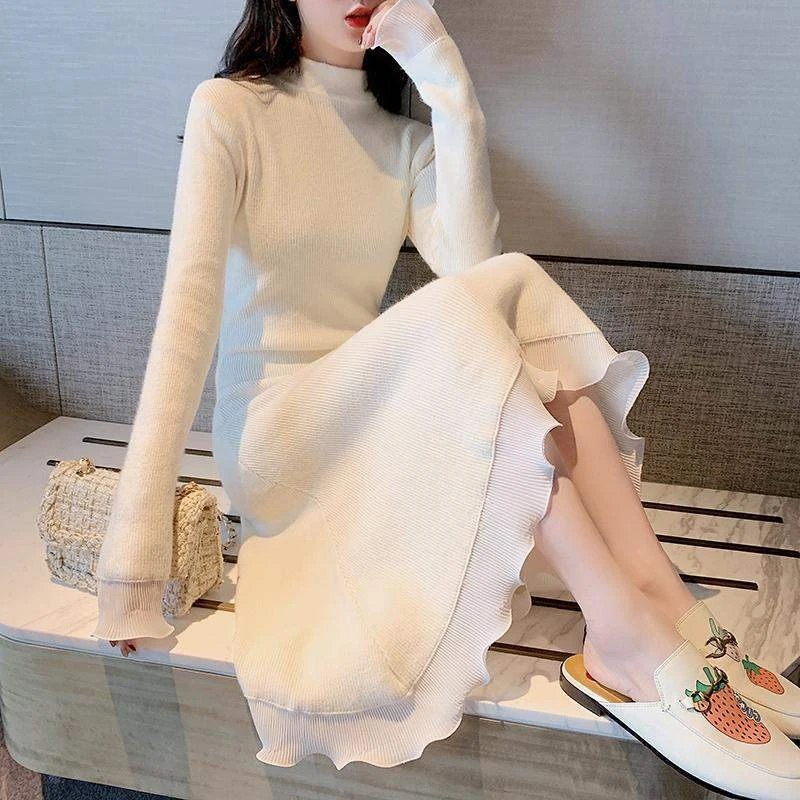 秋季温柔小香风设计感小众气质女神范修身显瘦打底针织鱼尾连衣裙