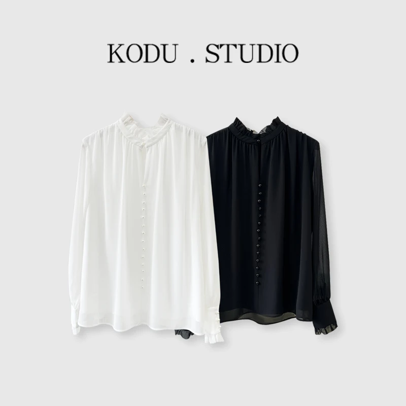 【【刻度KODU】】01-BL2127春夏季经典木耳领镂空双层女款上衣衬衫