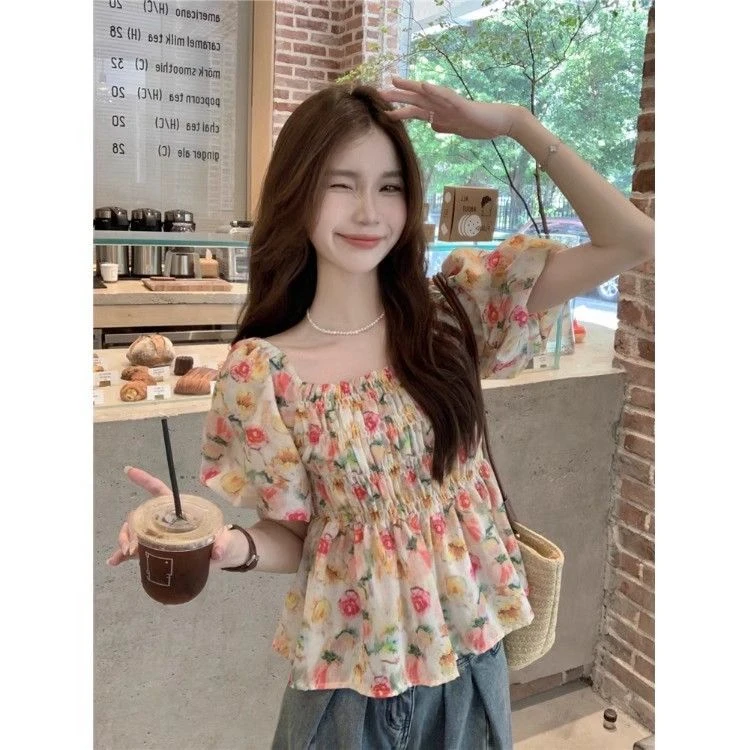 哥弟阿玛施正法式方领碎花泡泡袖衬衫女夏季新款小众甜美复古收腰