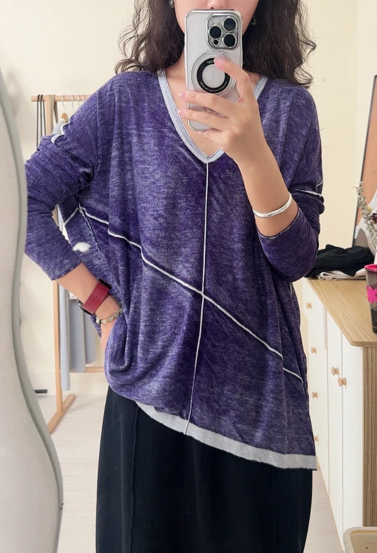 Phoebe/菲比 【水墨画】定制款晕染工艺竹纤维羊绒V领宽松套衫