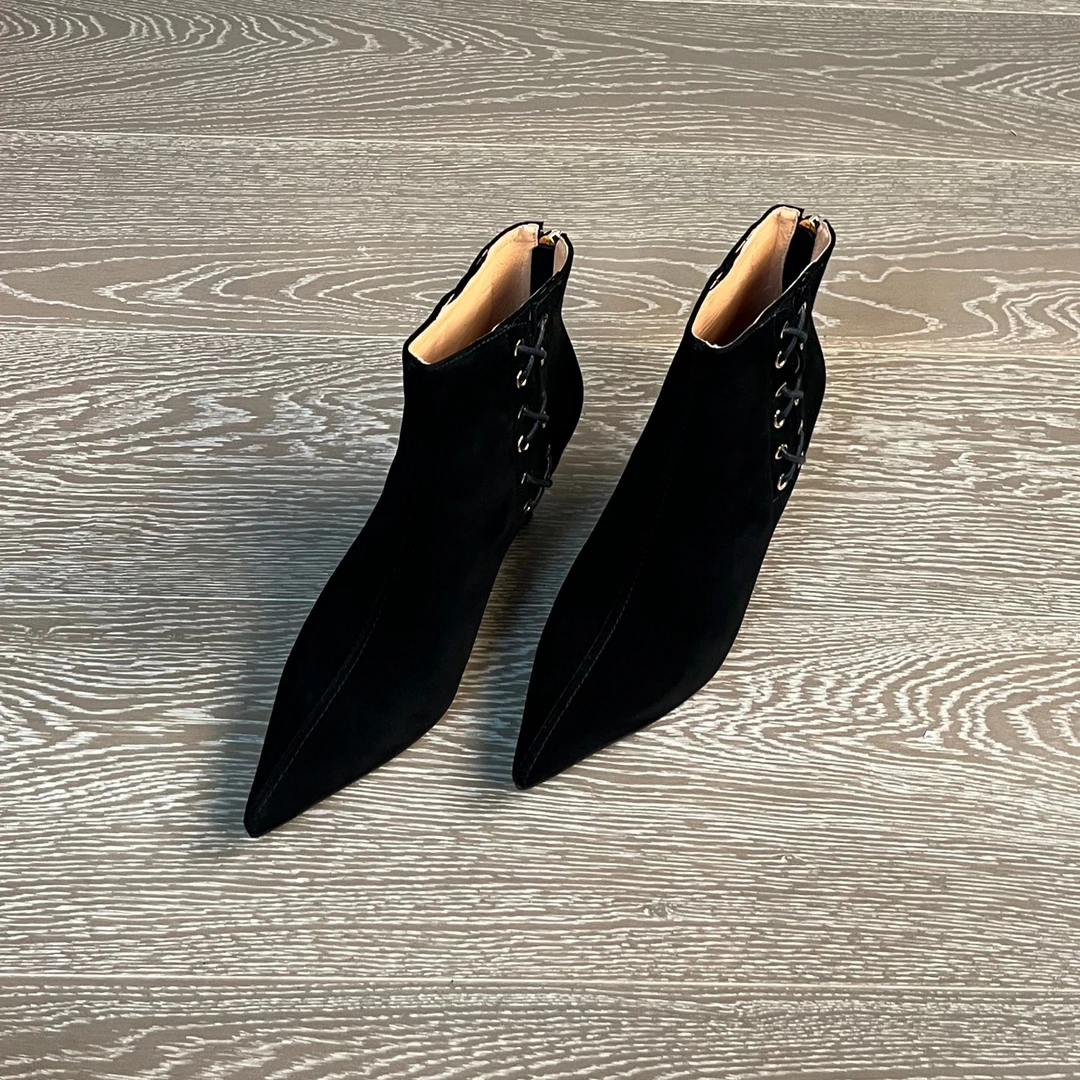 7.5CM羊反皮气质尖头高跟单里棕色短靴女靴粗跟时装靴轻奢女鞋