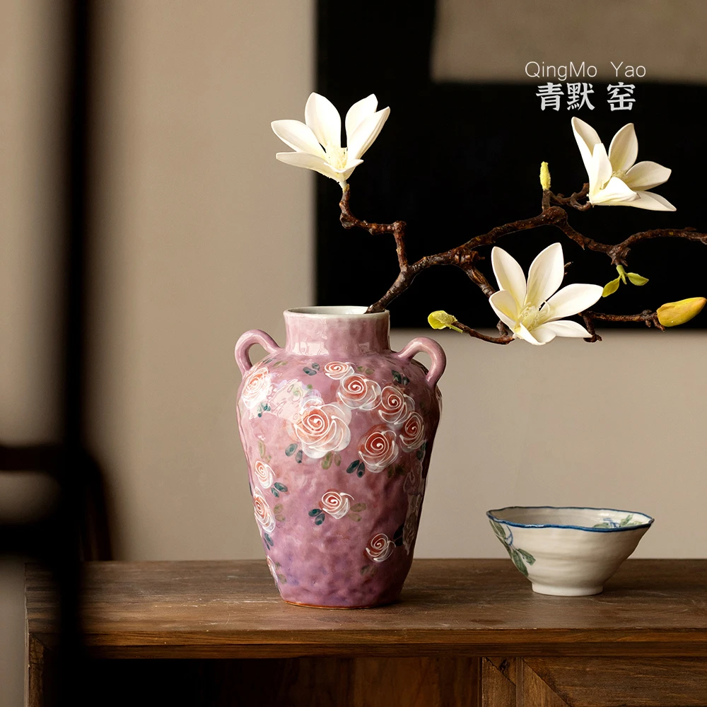 青默窑原创手绘釉下彩文艺复古玫瑰花瓶民宿水培鲜花花器紫霞仙子