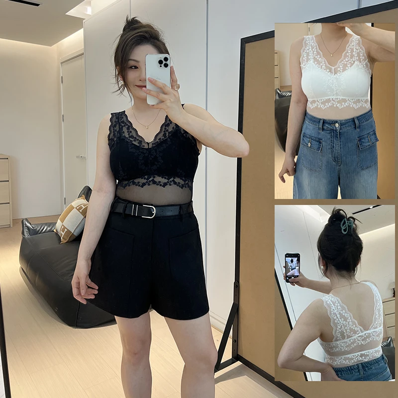 【胖佳佳】现货~蕾丝秘境美背 性感宽肩带打底杯垫背心H625Z12930