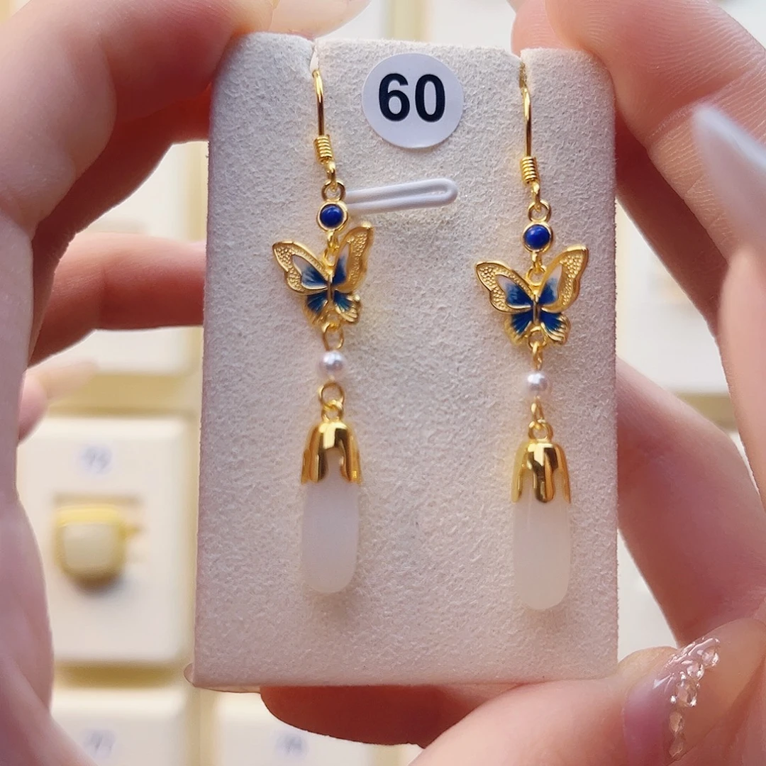 和田玉银S925镀金镶嵌耳饰