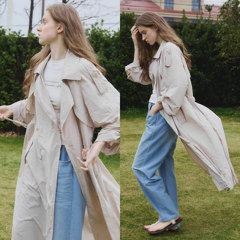 popchrio◆UPF50+原纱防晒法式慵懒薄风衣中长款垂感宽松收腰外套