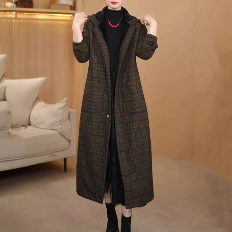 秋冬高端时尚民族风复古加绒加厚连帽长款印花风衣女保暖大衣外套