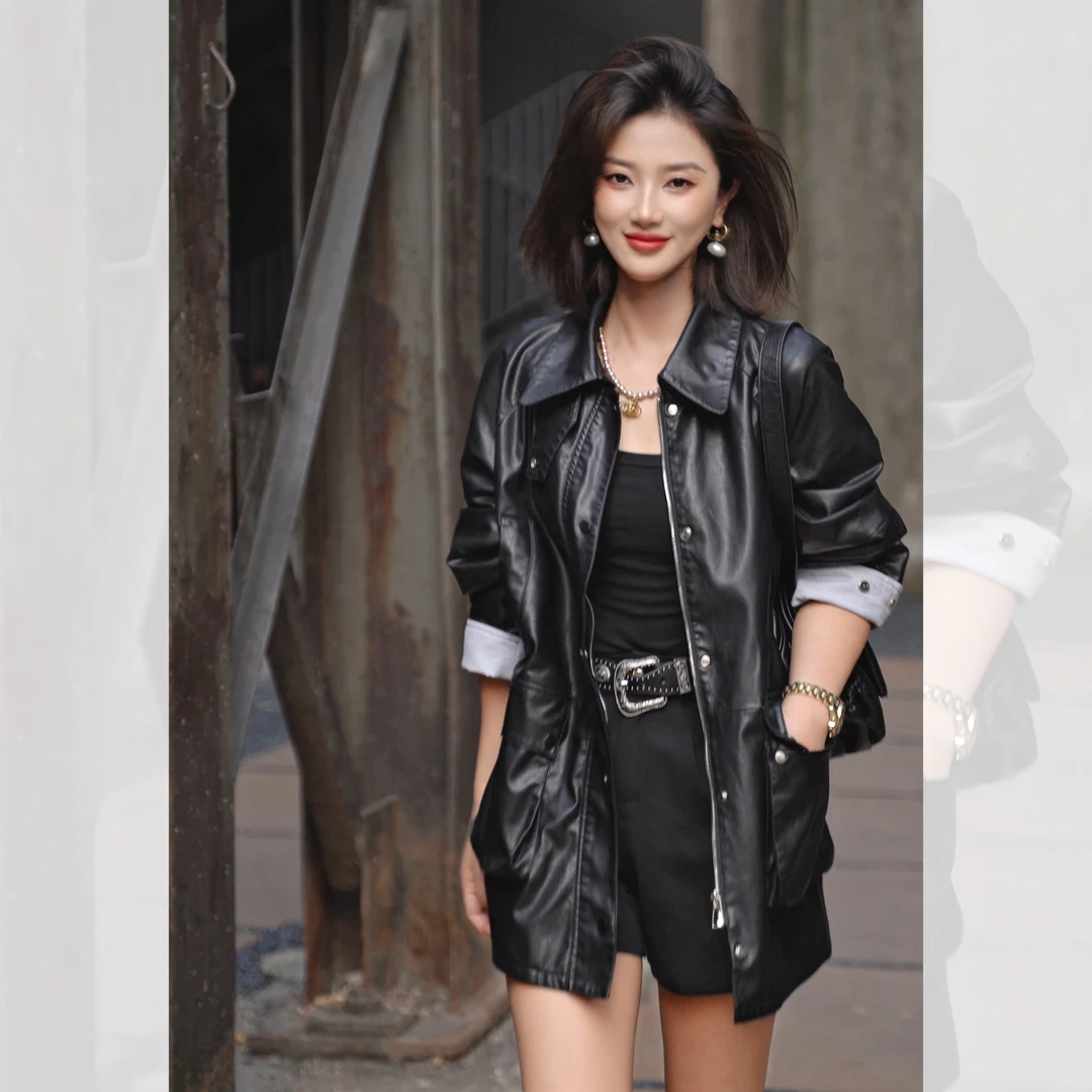 女士中长款皮衣外套美式街头潮流2025新款秋季机车夹克YTXSNH-810