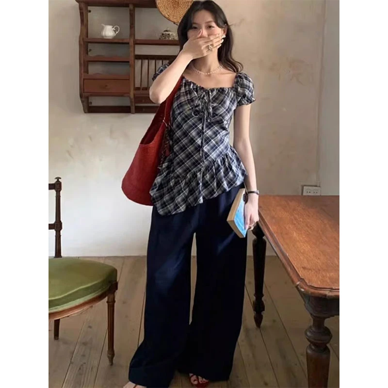 法式不规则泡泡袖格纹T恤女夏季新款纯欲风修身显瘦上衣