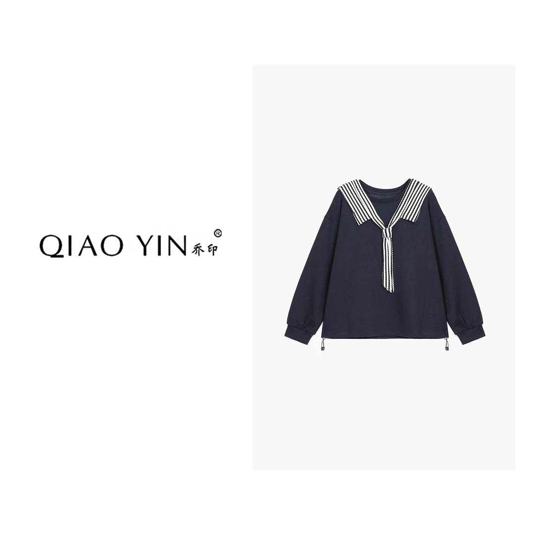 QIAO YIN"卫衣“百搭休闲条纹长袖格纹拼接宽松秋卫衣QY28418